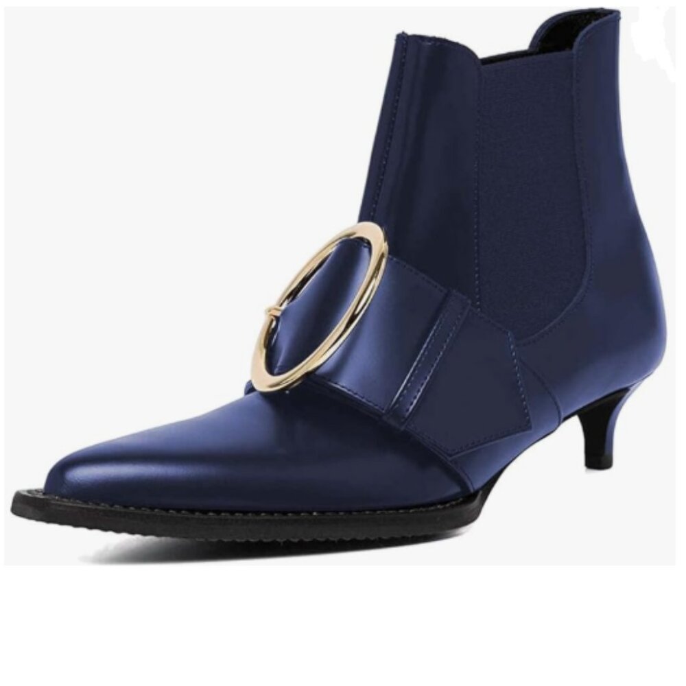 XYD Navy Pointed Toe Low Kitten Heel Ankle Boots Decorative Buckle Pull On Booti